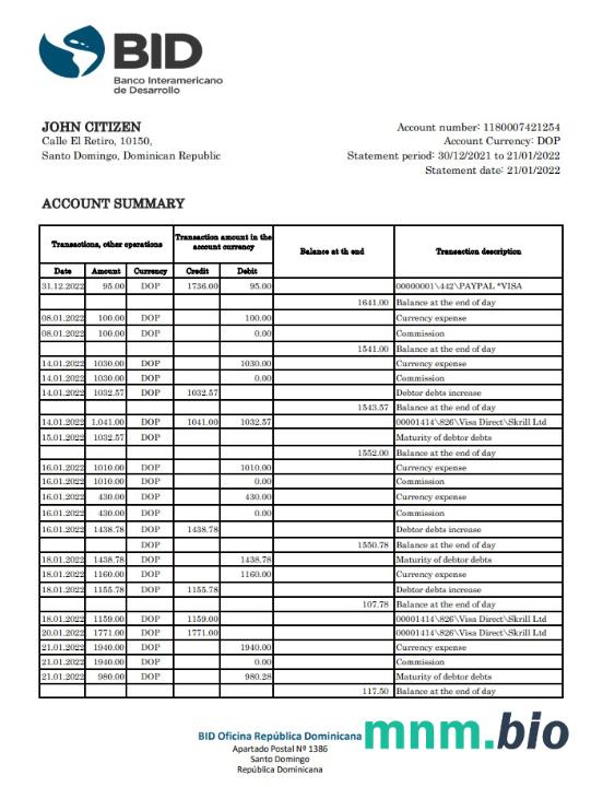 Dominikana Banco Vimenca szablon wyciągu bankowego w programie Word i PDF